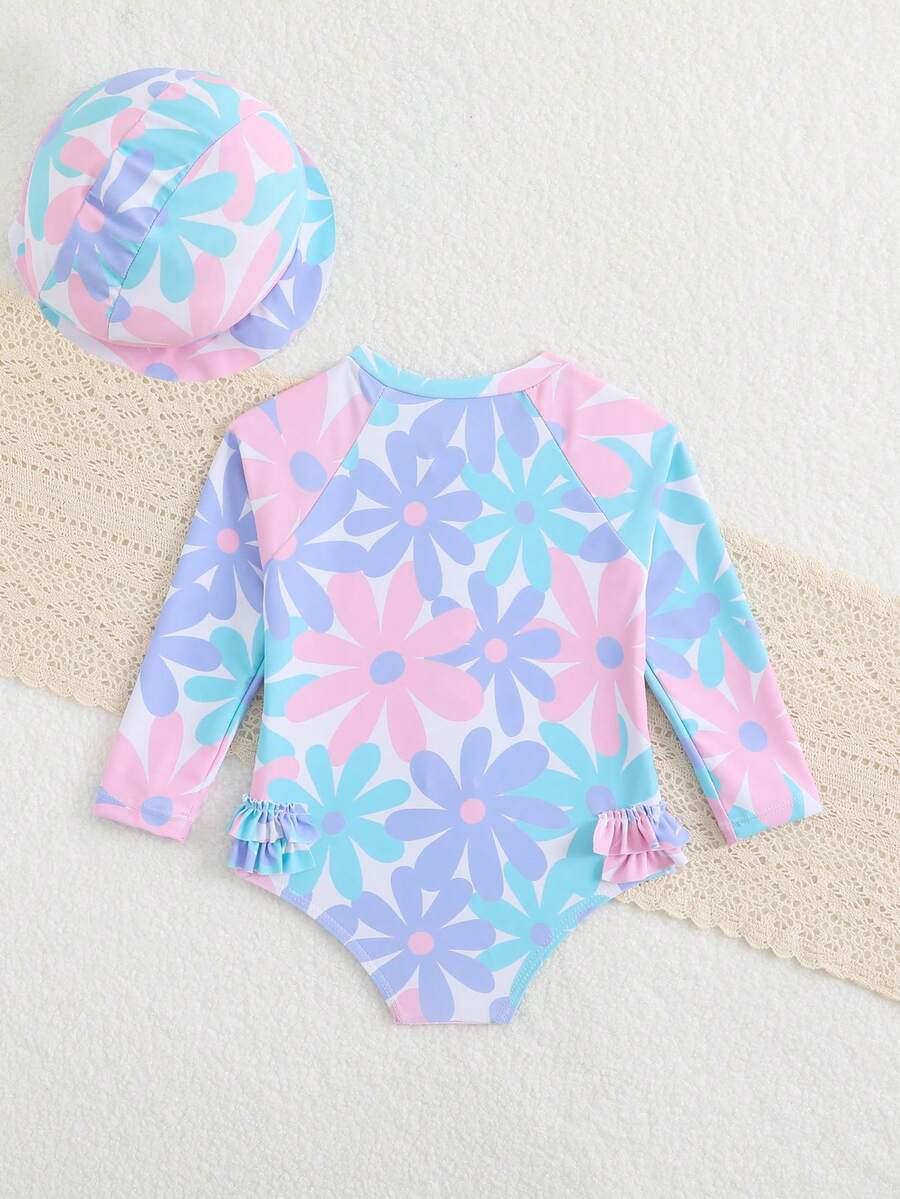 Floral Rash Guard Swimwear Set For Baby Girls With Hat And Swim Shorts