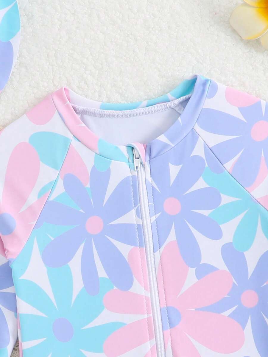 Floral Rash Guard Swimwear Set For Baby Girls With Hat And Swim Shorts
