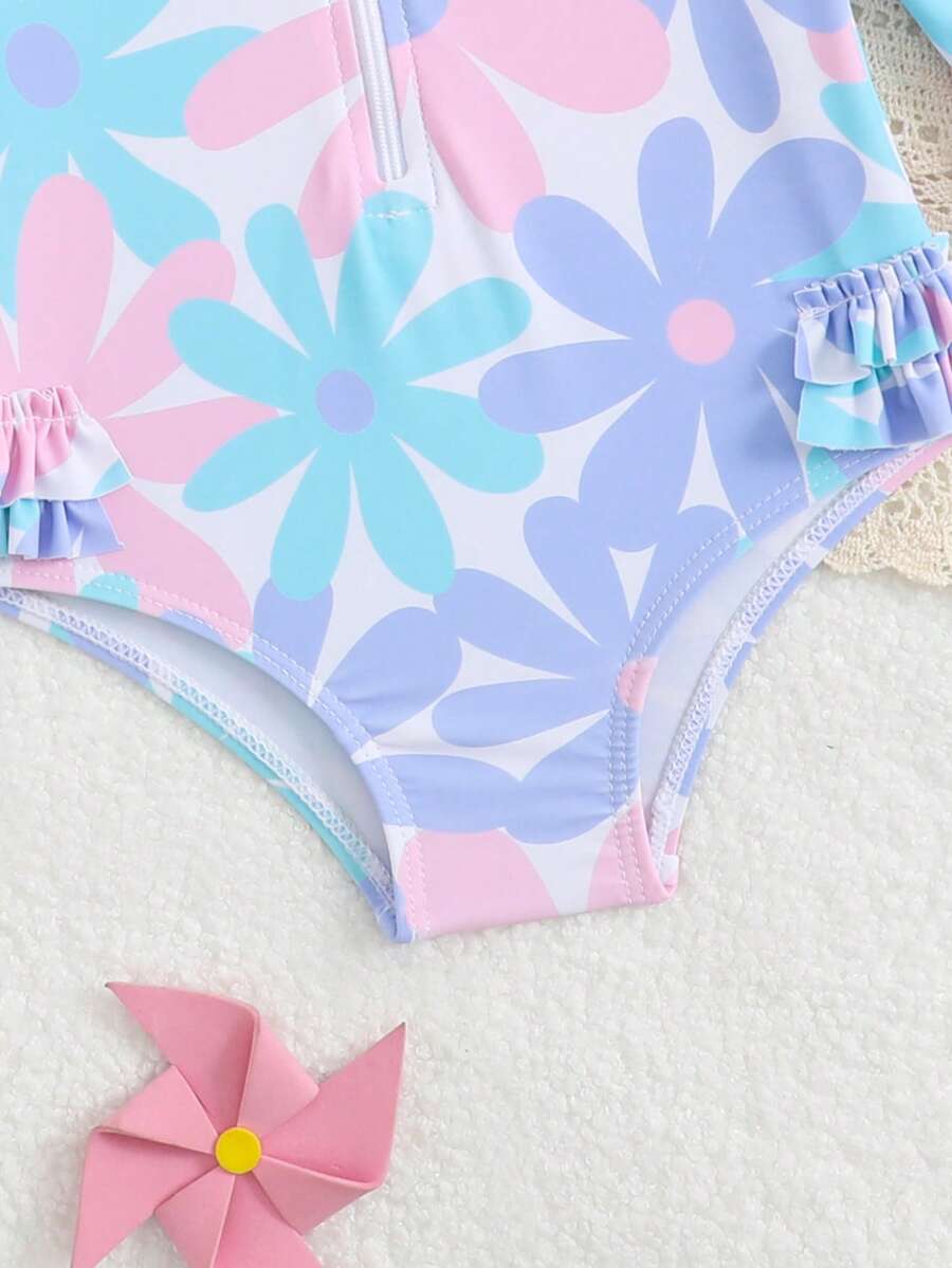 Floral Rash Guard Swimwear Set For Baby Girls With Hat And Swim Shorts