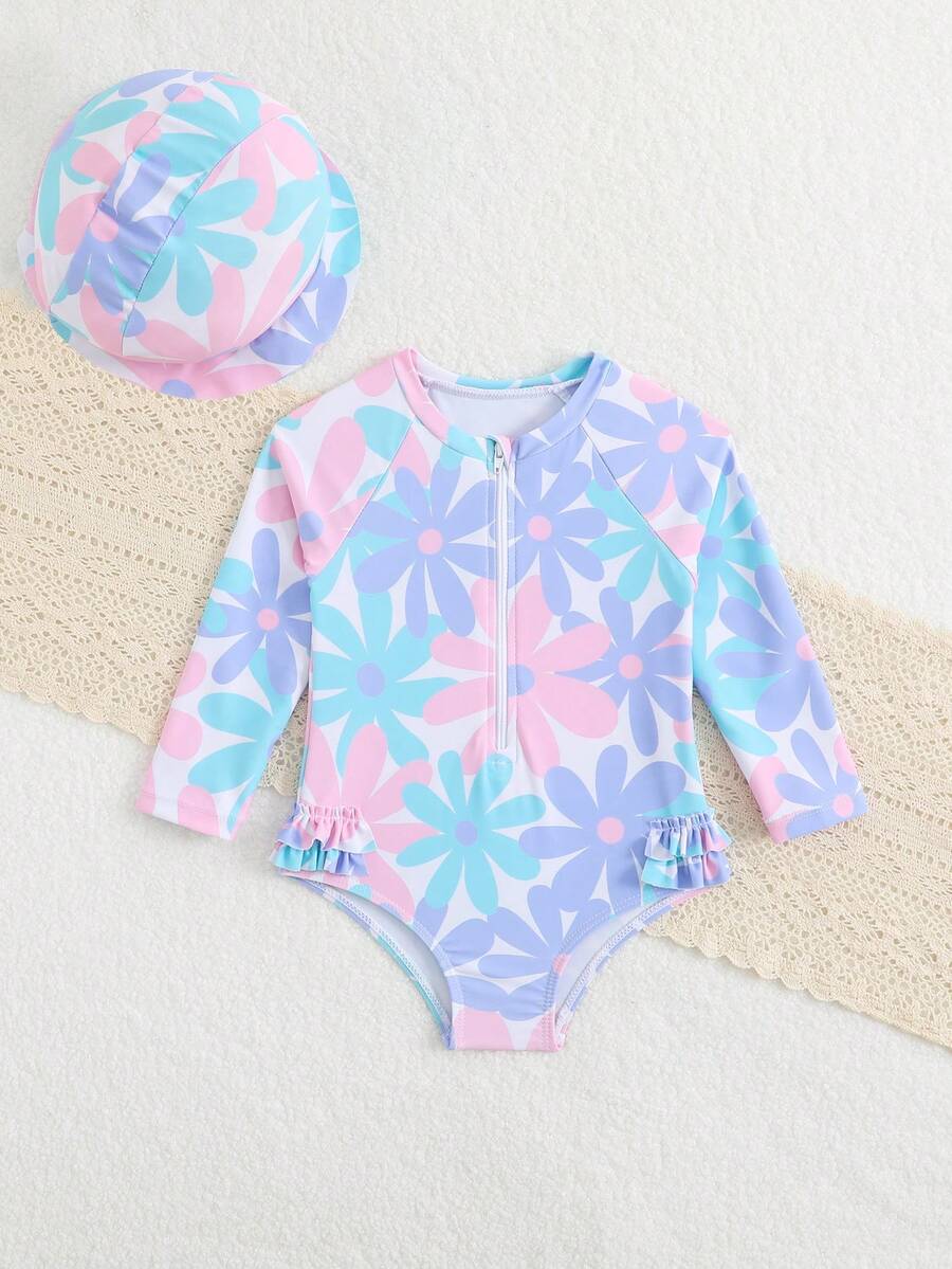 Floral Rash Guard Swimwear Set For Baby Girls With Hat And Swim Shorts