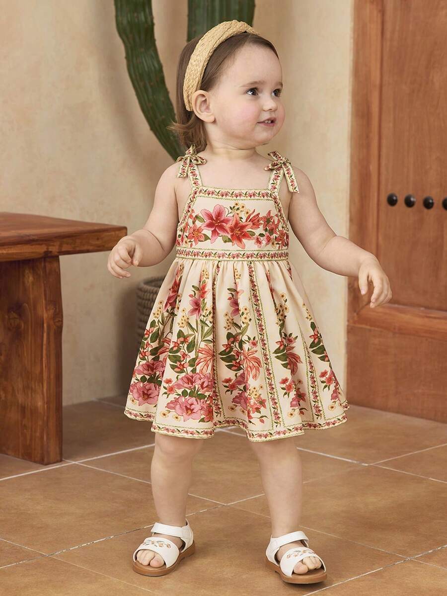 Little Girls Floral Print Sleeveless Dress With Bow Tie Waist Cute Summer Outfit
