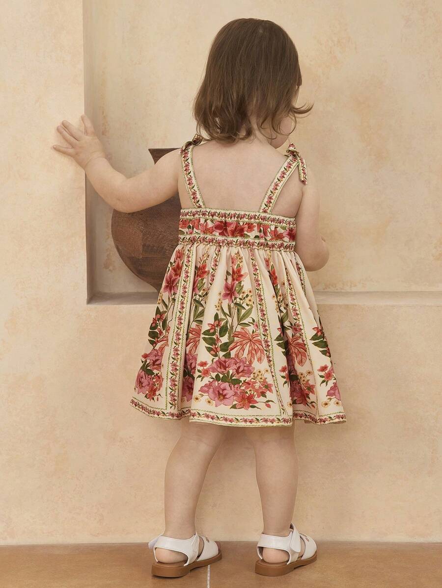 Little Girls Floral Print Sleeveless Dress With Bow Tie Waist Cute Summer Outfit