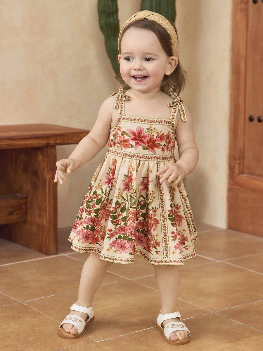 Little Girls Floral Print Sleeveless Dress With Bow Tie Waist Cute Summer Outfit