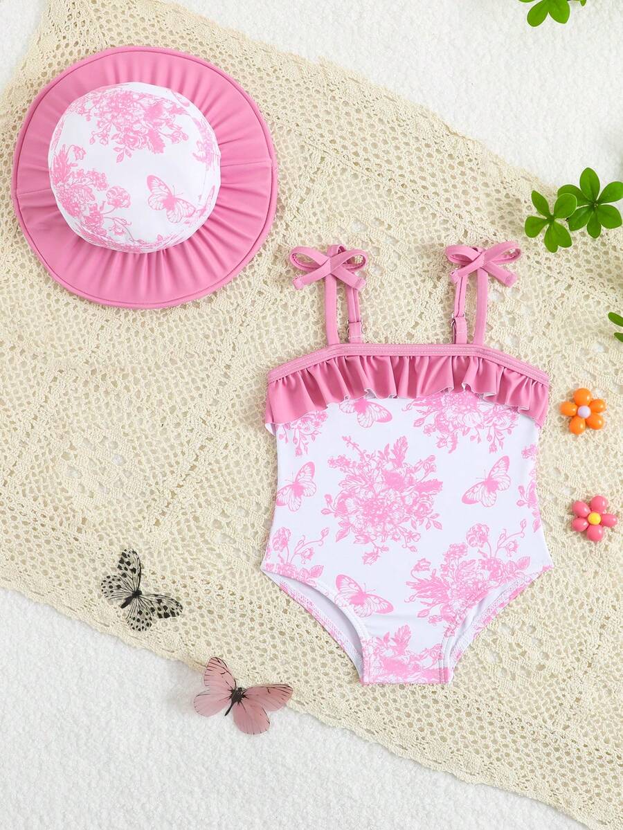 Baby Bow Print Two-Piece Swimsuit Set with Adjustable Straps and Matching Hat