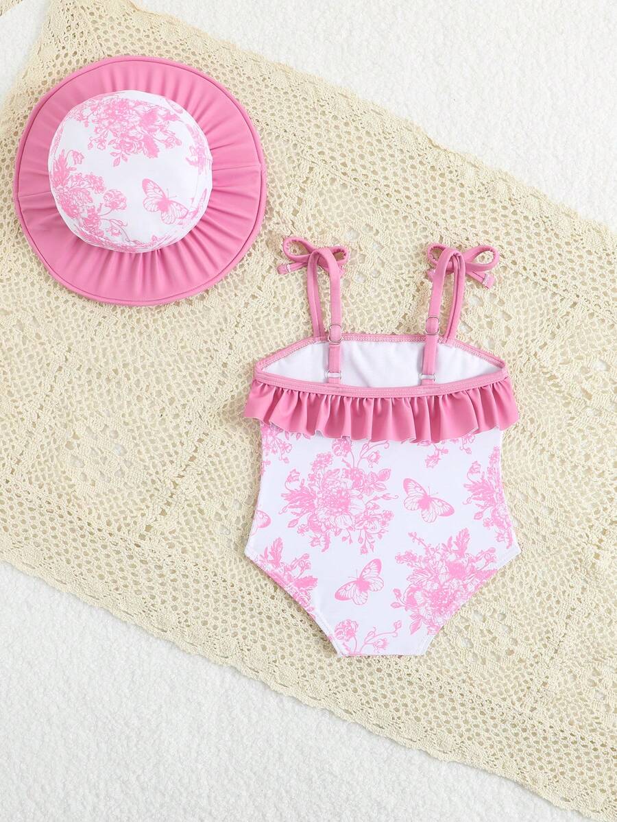 Baby Bow Print Two-Piece Swimsuit Set with Adjustable Straps and Matching Hat