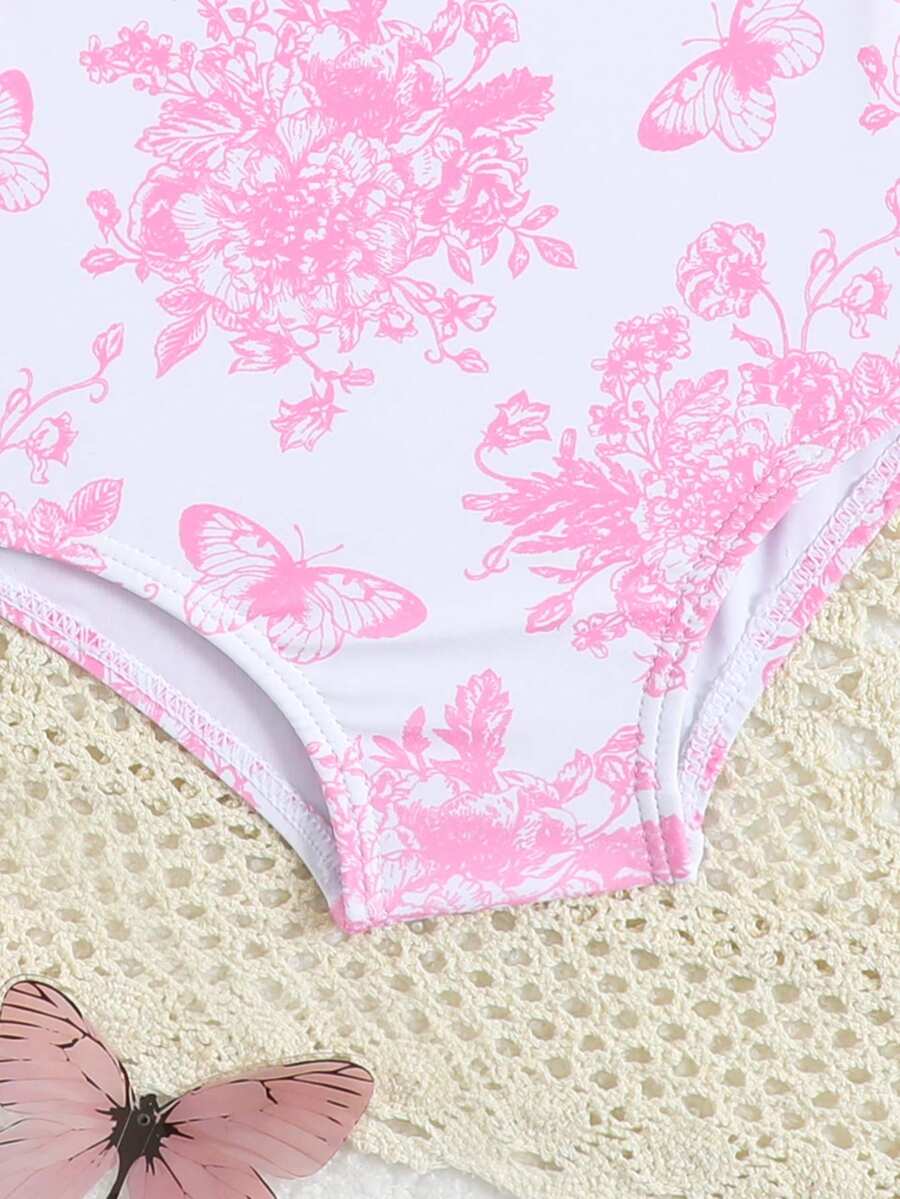 Baby Bow Print Two-Piece Swimsuit Set with Adjustable Straps and Matching Hat