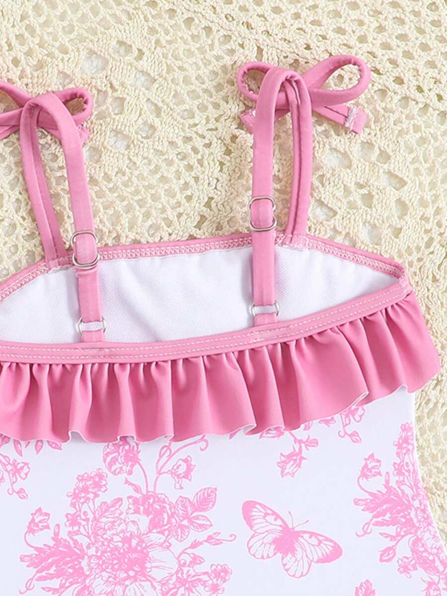 Baby Bow Print Two-Piece Swimsuit Set with Adjustable Straps and Matching Hat