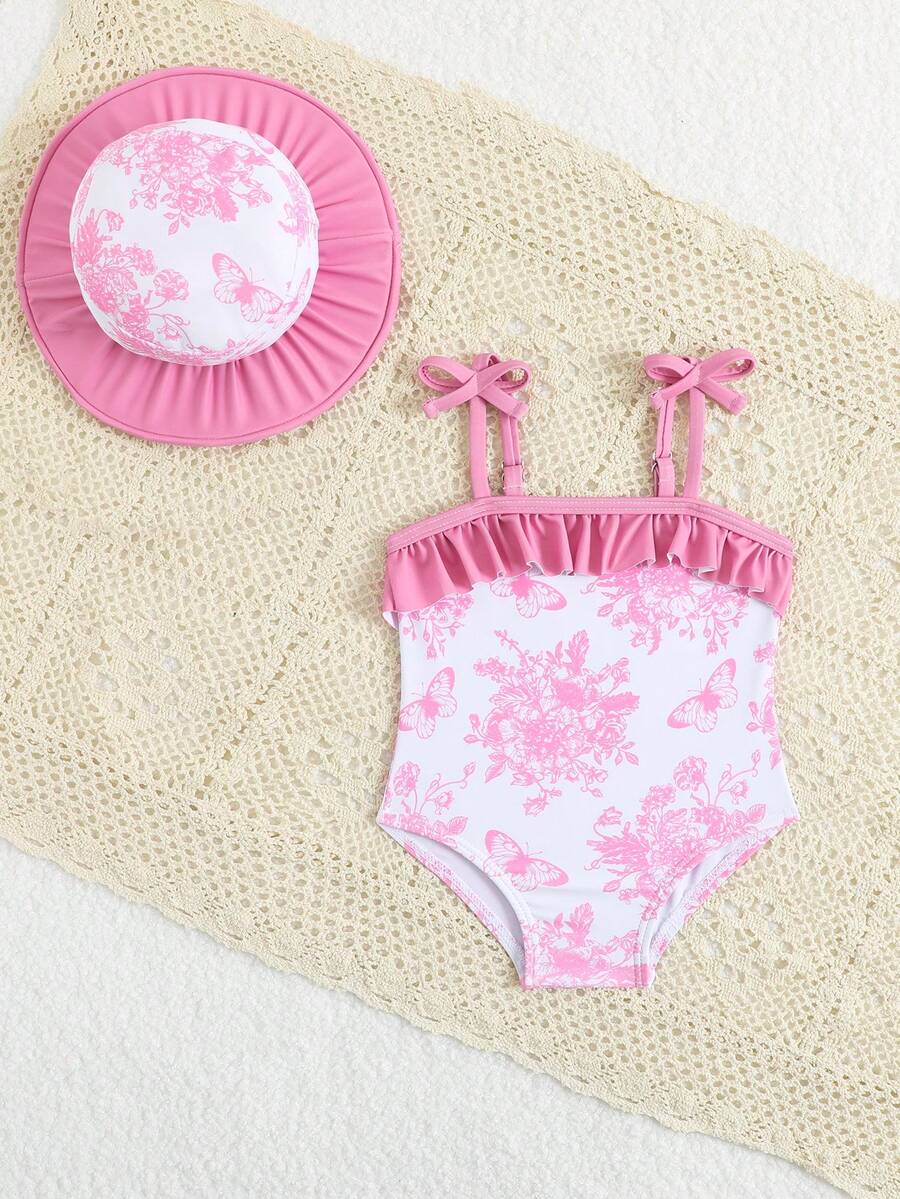 Baby Bow Print Two-Piece Swimsuit Set with Adjustable Straps and Matching Hat