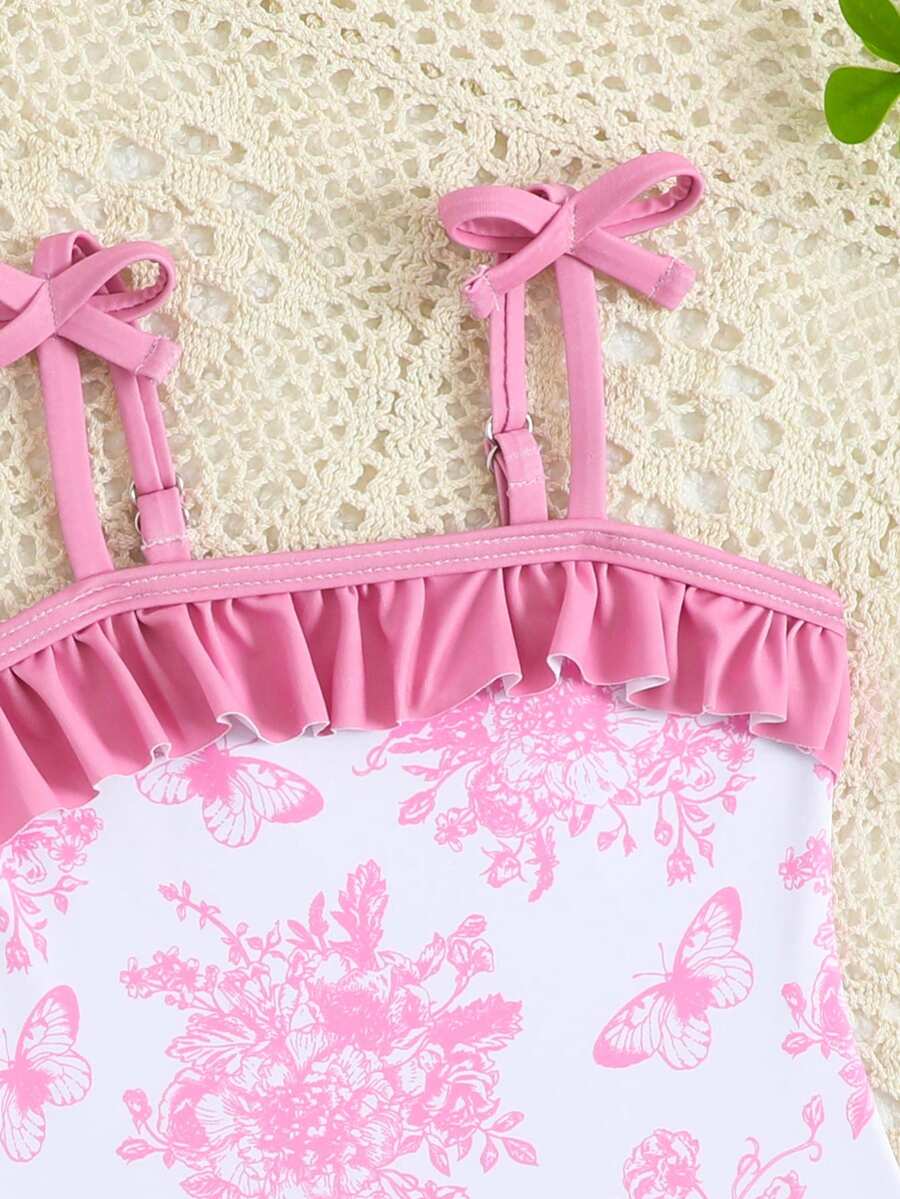 Baby Bow Print Two-Piece Swimsuit Set with Adjustable Straps and Matching Hat
