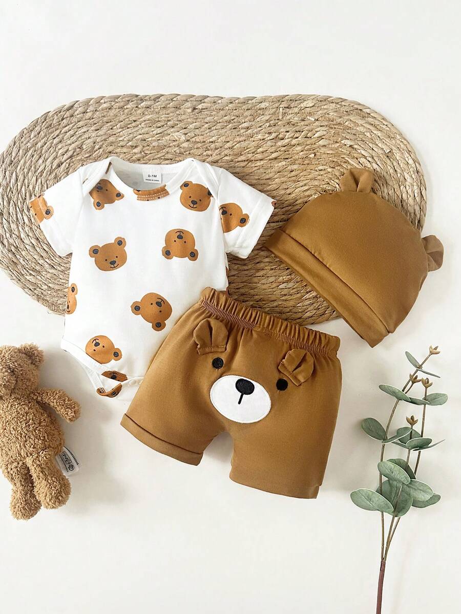 Baby Boys Brown Bear Romper Shorts and Hat Set for Summer Outdoor Wear