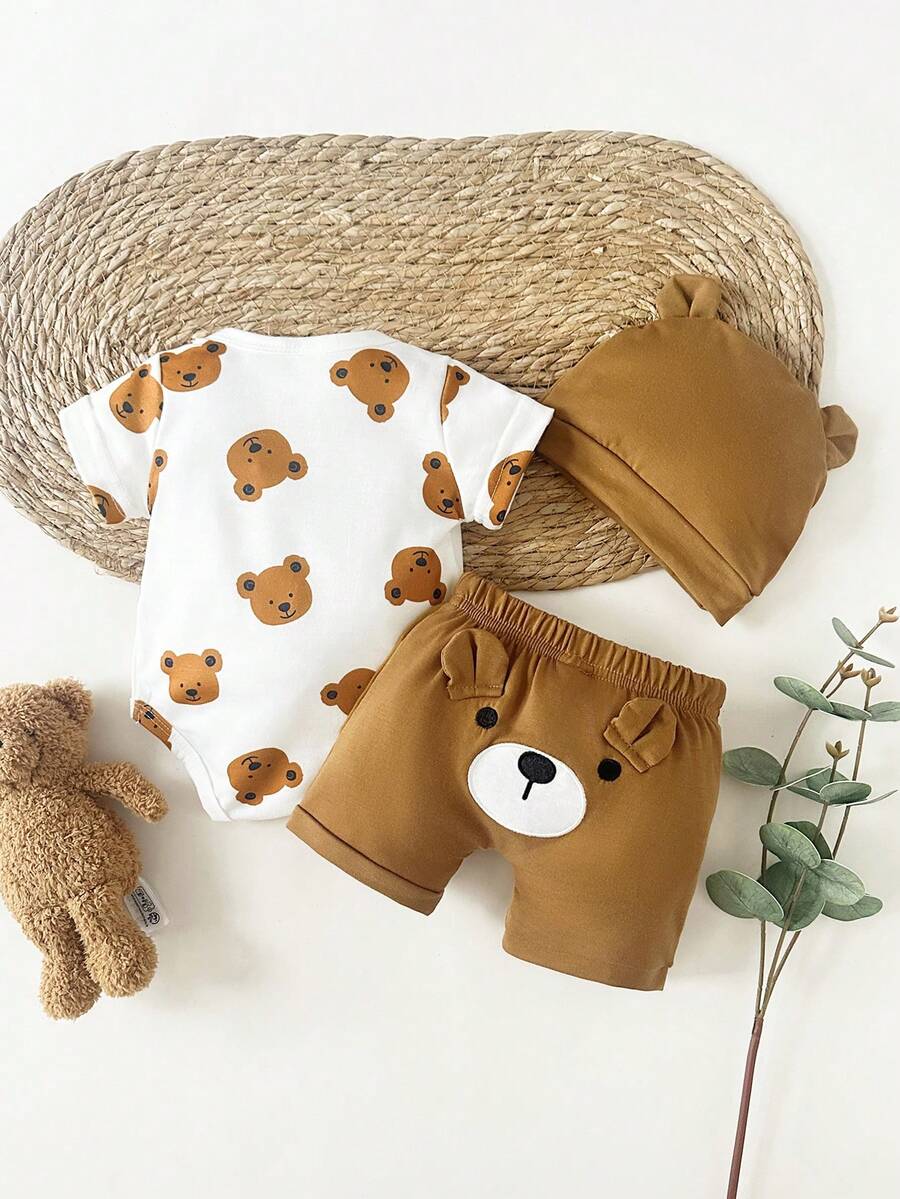 Baby Boys Brown Bear Romper Shorts and Hat Set for Summer Outdoor Wear