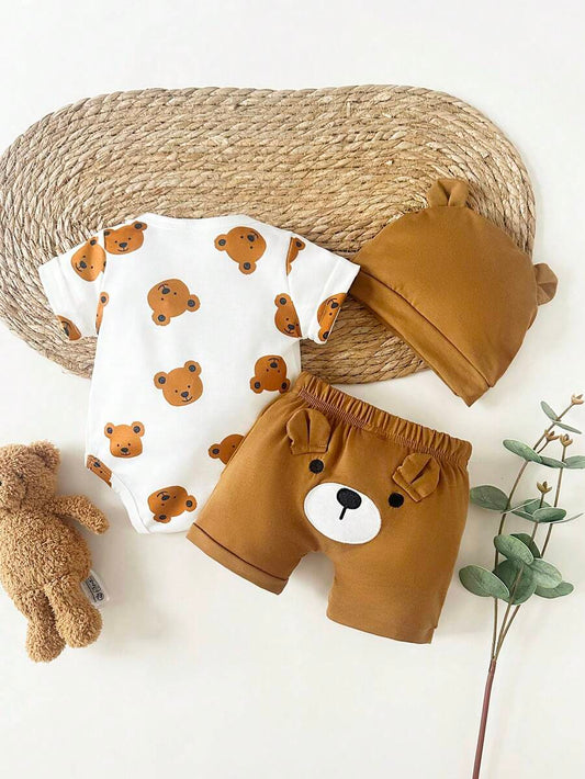 Baby Boys Brown Bear Romper Shorts and Hat Set for Summer Outdoor Wear