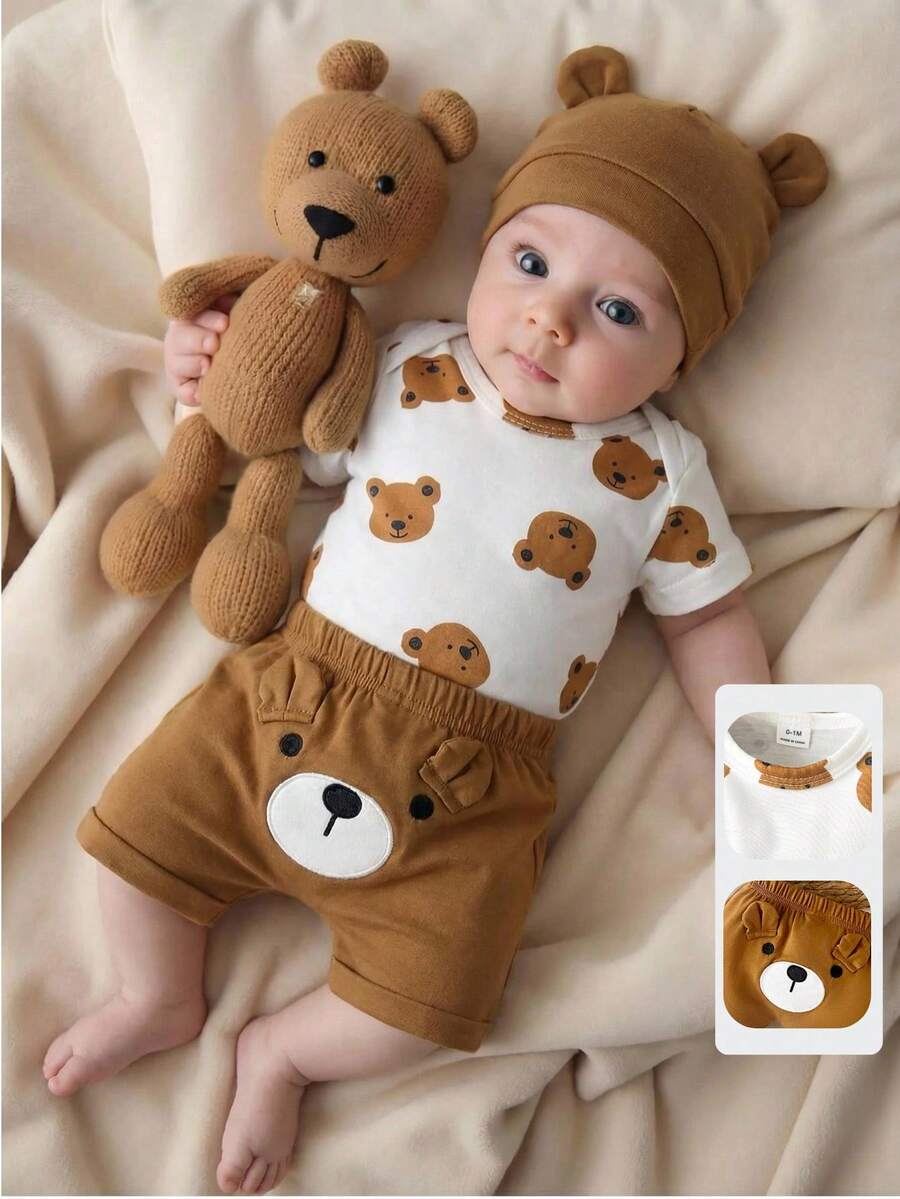 Baby Boys Brown Bear Romper Shorts and Hat Set for Summer Outdoor Wear