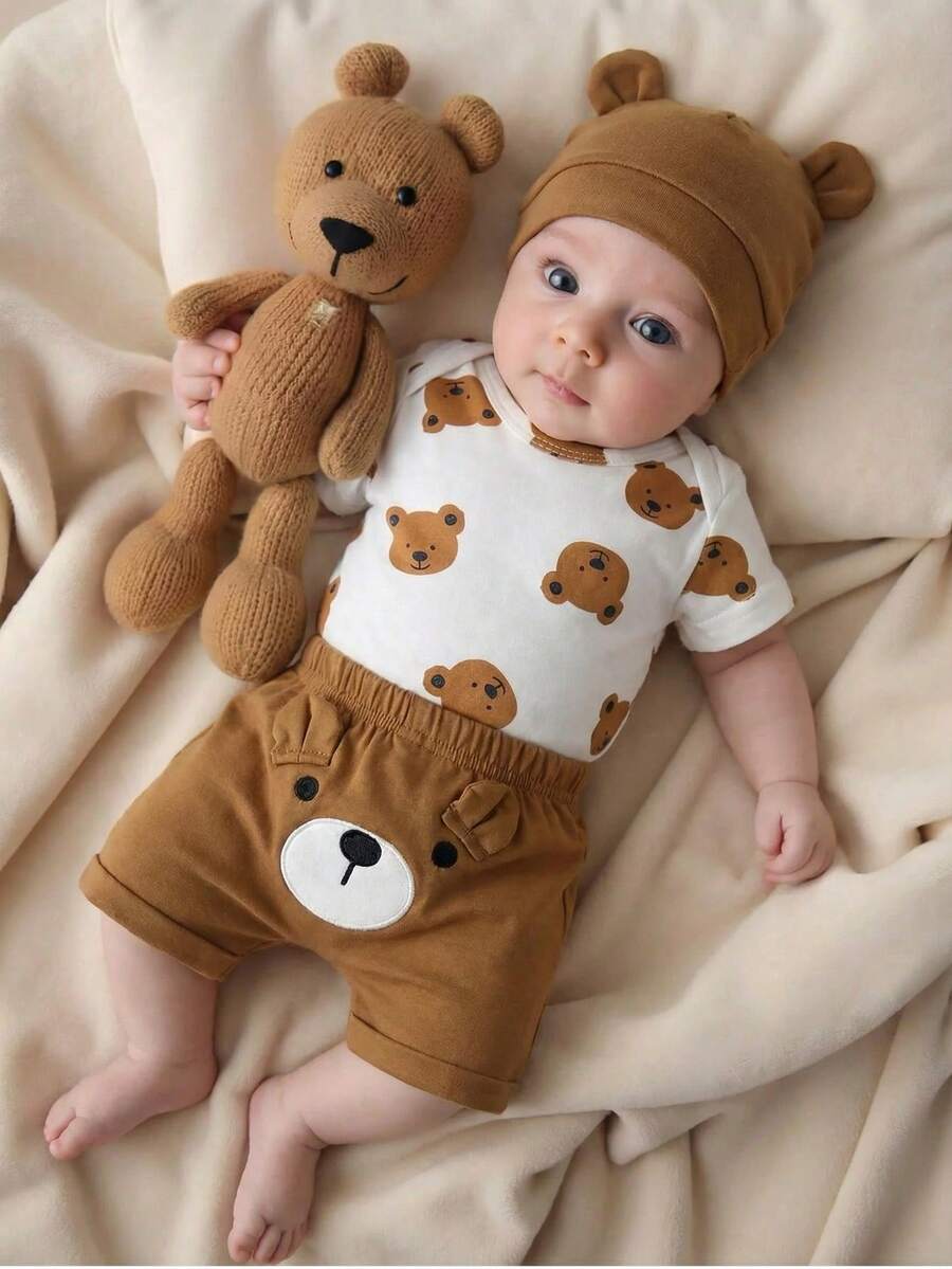 Baby Boys Brown Bear Romper Shorts and Hat Set for Summer Outdoor Wear