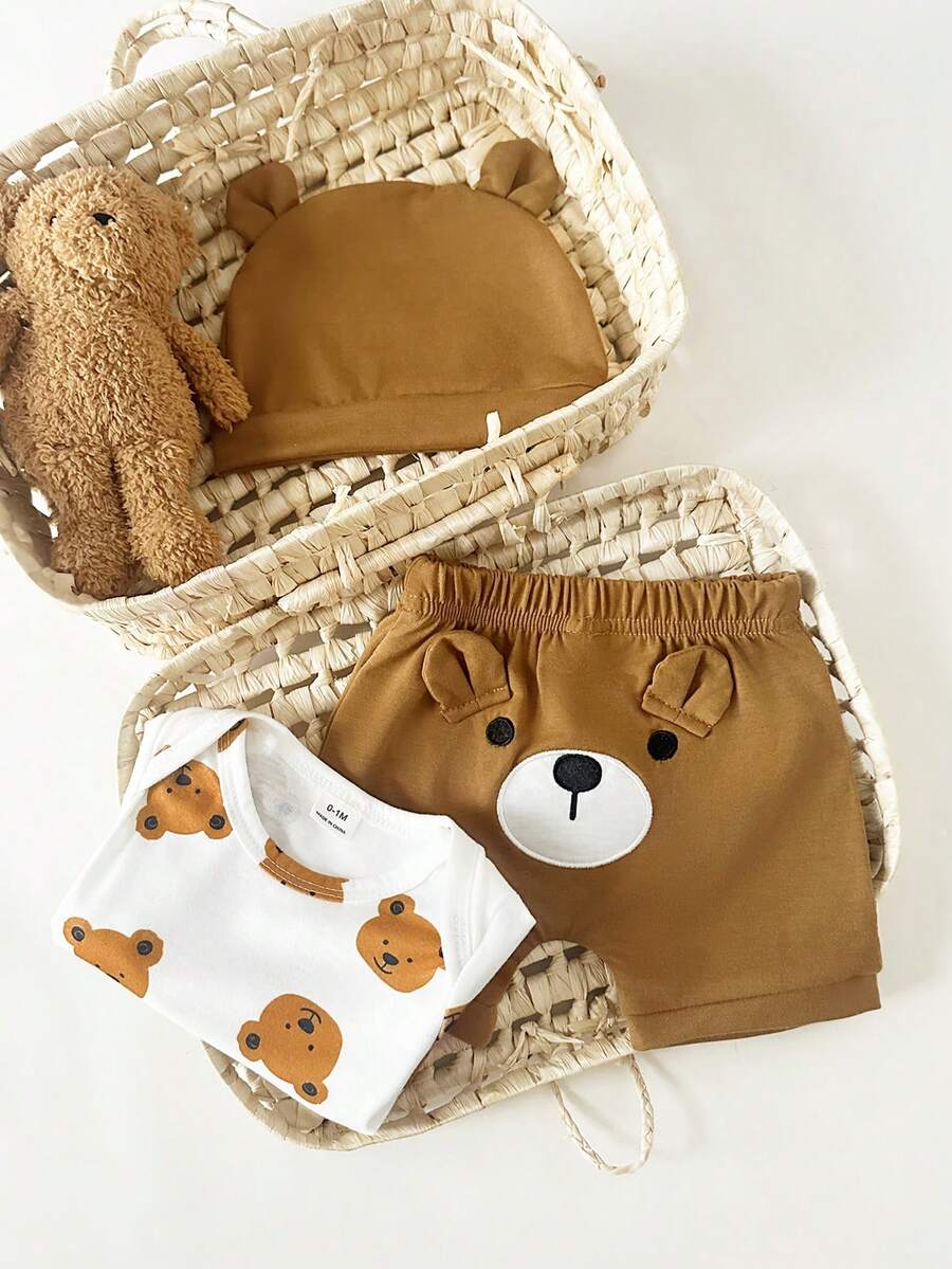 Baby Boys Brown Bear Romper Shorts and Hat Set for Summer Outdoor Wear