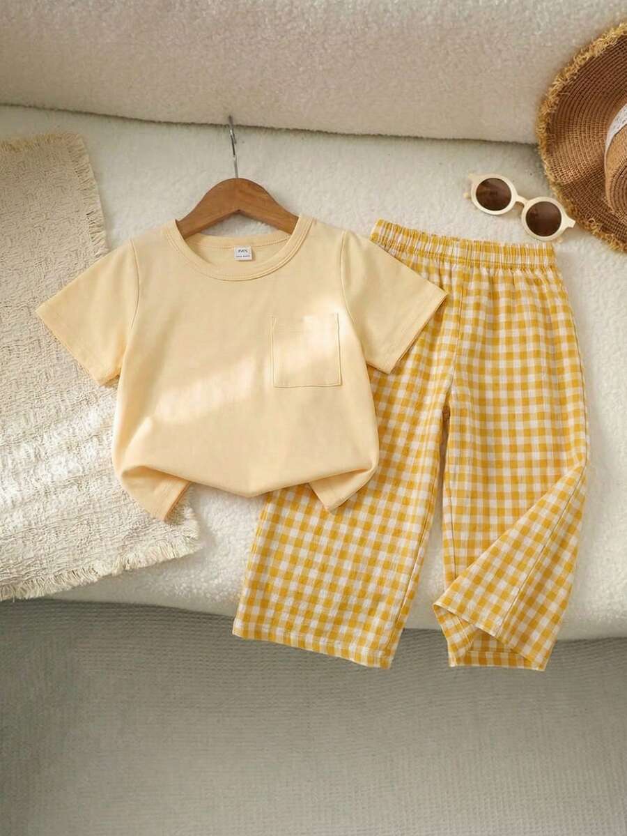 3D Floral T Shirt And Plaid Pants Set For Baby Girls Casual Cute Outfit