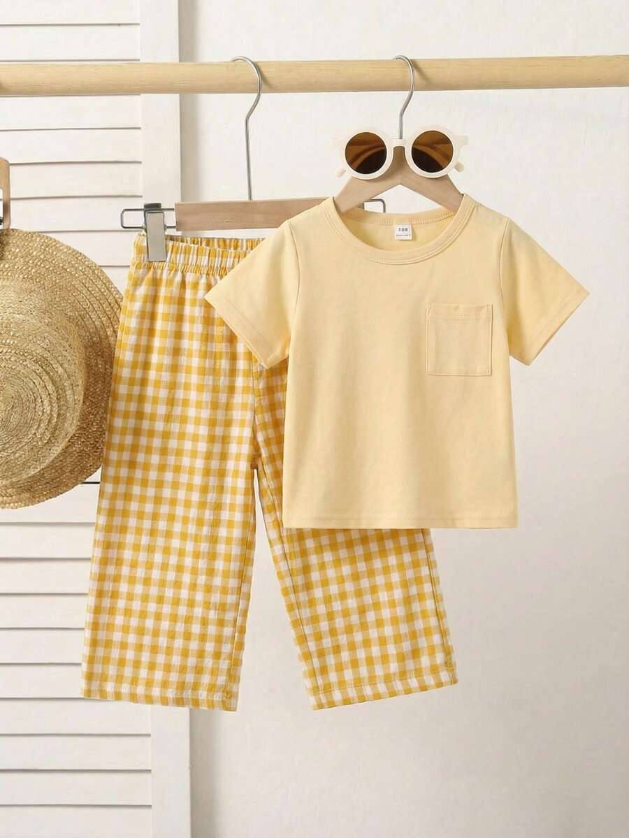 3D Floral T Shirt And Plaid Pants Set For Baby Girls Casual Cute Outfit
