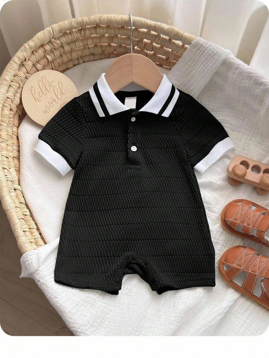 Unisex Newborn Baby Contrast Color Jacquard Polo Collar Half Zip Short Sleeve Jumpsuit Summer Outfit
