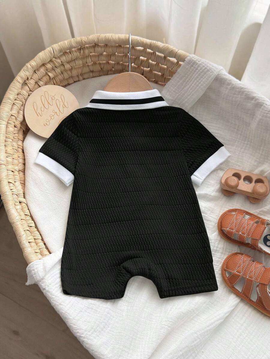 Unisex Newborn Baby Contrast Color Jacquard Polo Collar Half Zip Short Sleeve Jumpsuit Summer Outfit
