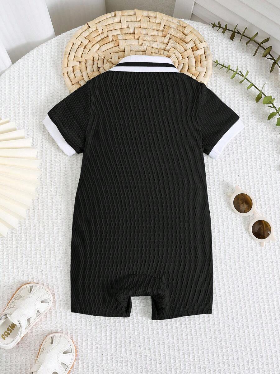Unisex Newborn Baby Contrast Color Jacquard Polo Collar Half Zip Short Sleeve Jumpsuit Summer Outfit