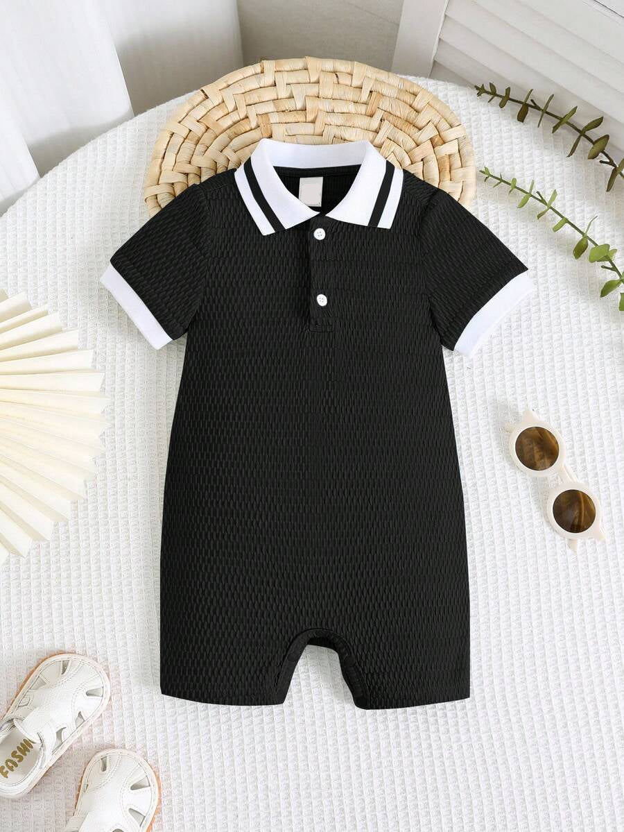 Unisex Newborn Baby Contrast Color Jacquard Polo Collar Half Zip Short Sleeve Jumpsuit Summer Outfit