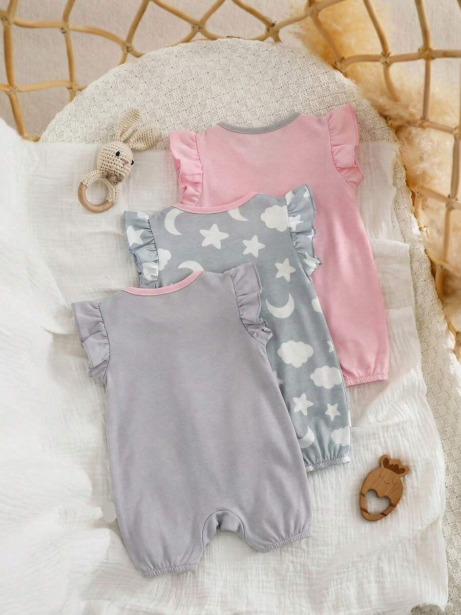 Newborn Soft Knit Summer Romper Set - 3pcs Cute Cartoon Graphic Outfits