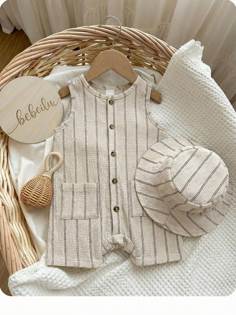 Baby Boy White Sleeveless Romper with Pockets Casual Short Jumpsuit for Everyday Wear