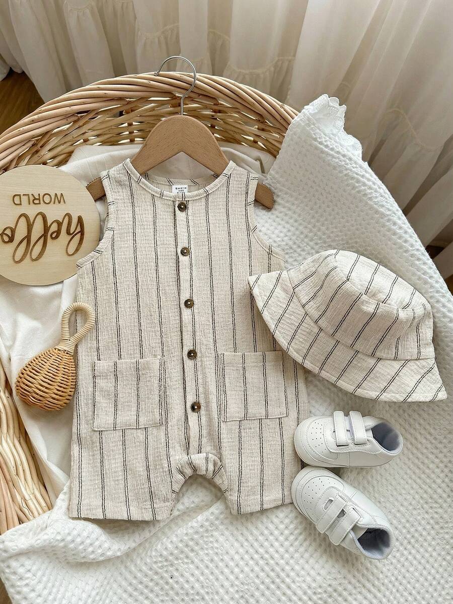 Baby Boy White Sleeveless Romper with Pockets Casual Short Jumpsuit for Everyday Wear