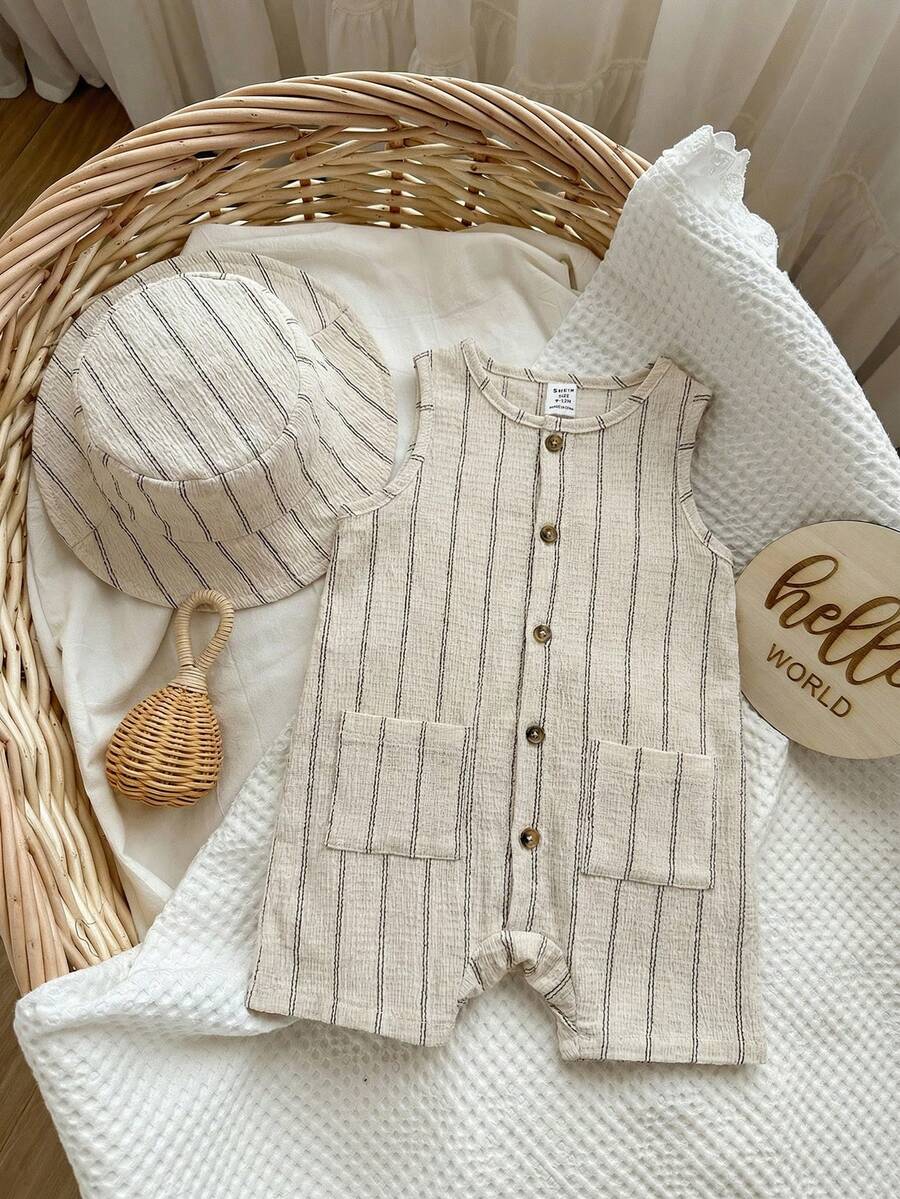 Baby Boy White Sleeveless Romper with Pockets Casual Short Jumpsuit for Everyday Wear