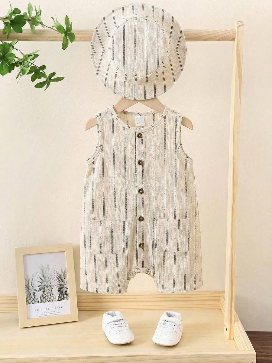 Baby Boy White Sleeveless Romper with Pockets Casual Short Jumpsuit for Everyday Wear