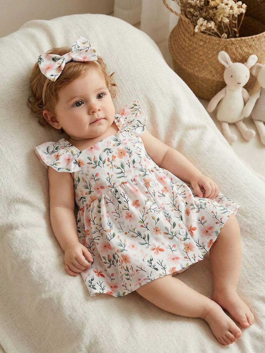 2PCS Baby Watercolor Floral Dress and Hairband Set for Cute Summer Outings
