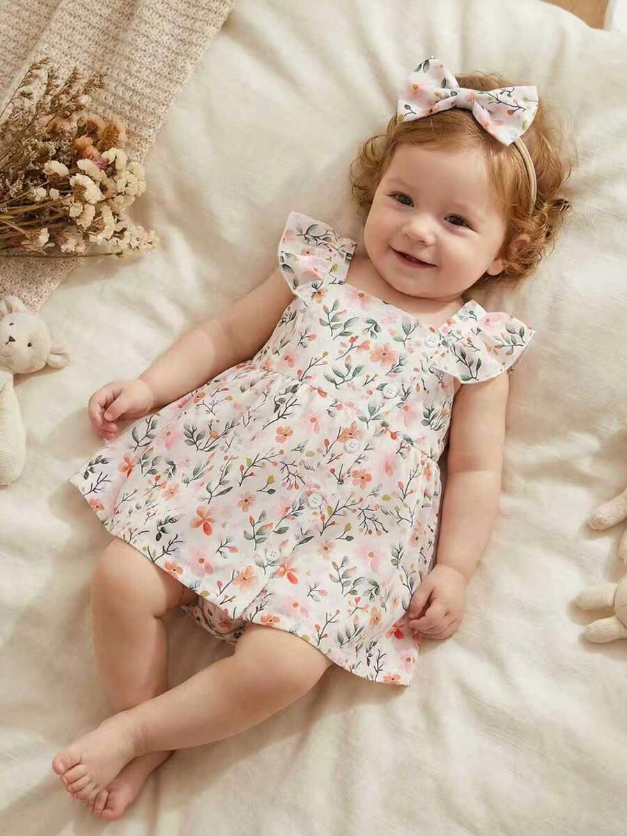 2PCS Baby Watercolor Floral Dress and Hairband Set for Cute Summer Outings