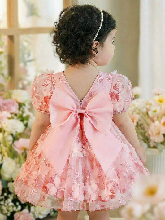 Pink Floral Mesh Embroidered Short Sleeve Dress for Baby Girls
