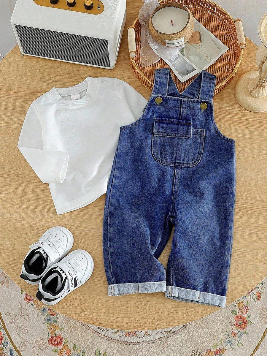 Baby Boy Solid Tee and Roll Up Hem Denim Overall Jumpsuit Casual Spring Summer Outfit Set