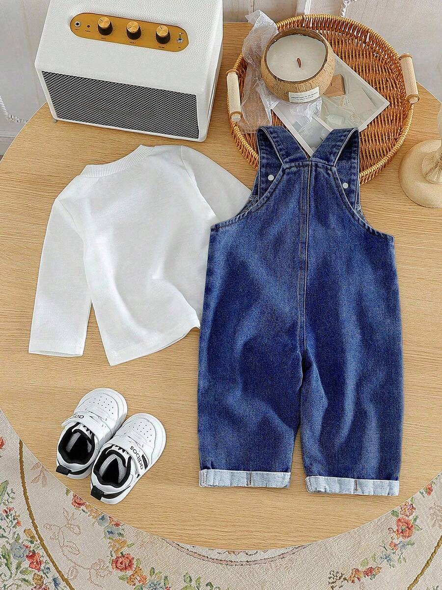 Baby Boy Solid Tee and Roll Up Hem Denim Overall Jumpsuit Casual Spring Summer Outfit Set