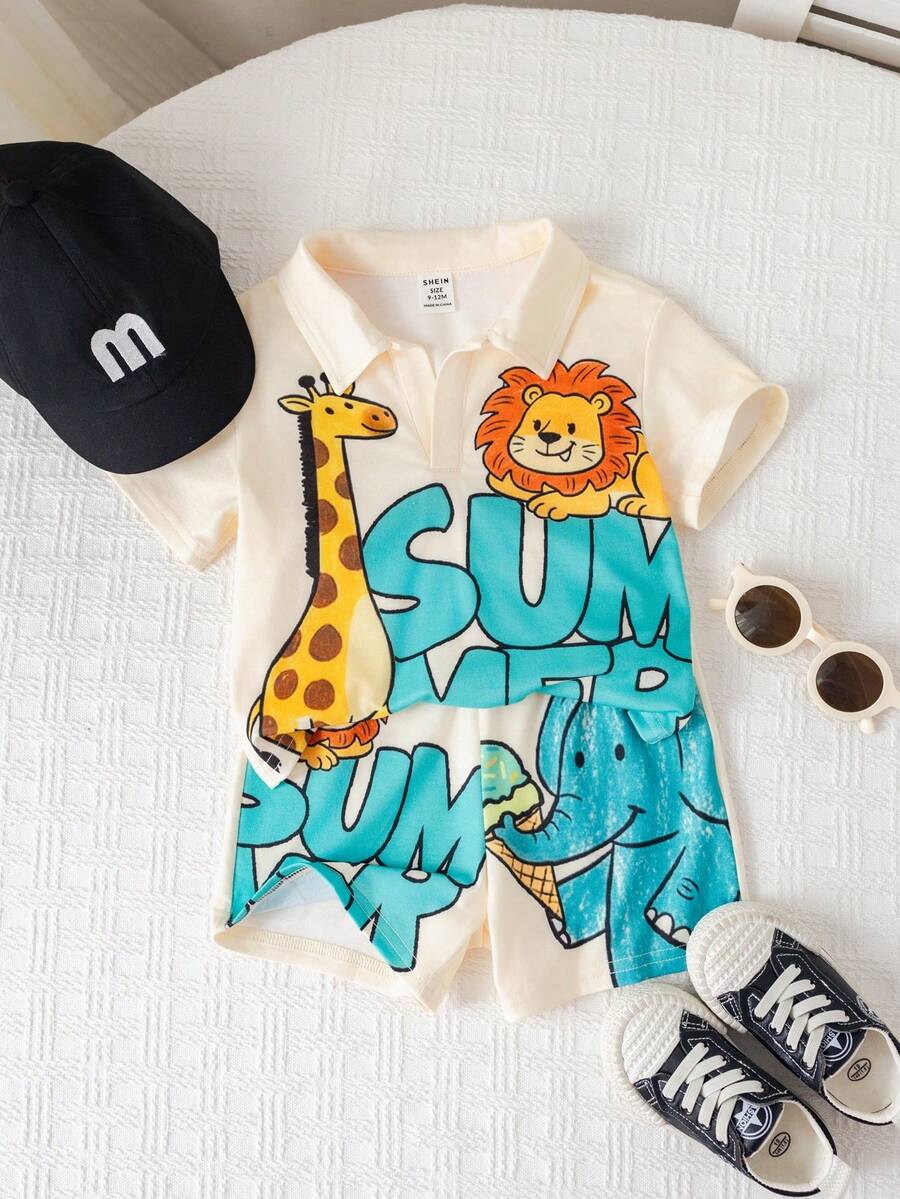 Baby Boy Animal Crayon Print T Shirt and Knitted Shorts 2 Piece Casual Spring Summer Outfit Set