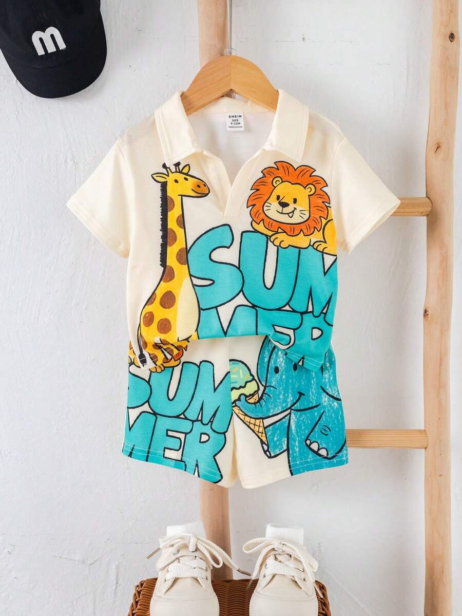 Baby Boy Animal Crayon Print T Shirt and Knitted Shorts 2 Piece Casual Spring Summer Outfit Set