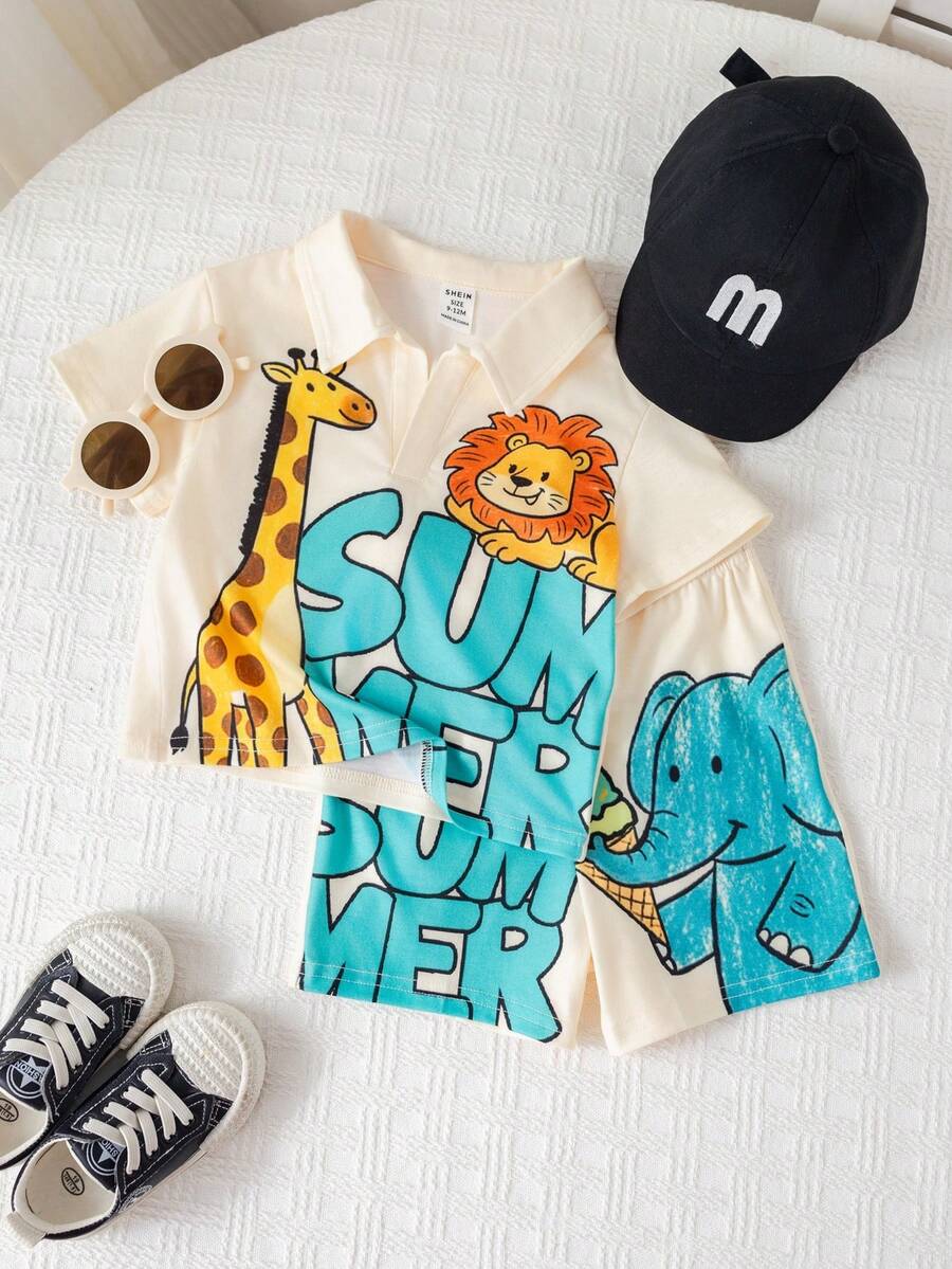 Baby Boy Animal Crayon Print T Shirt and Knitted Shorts 2 Piece Casual Spring Summer Outfit Set