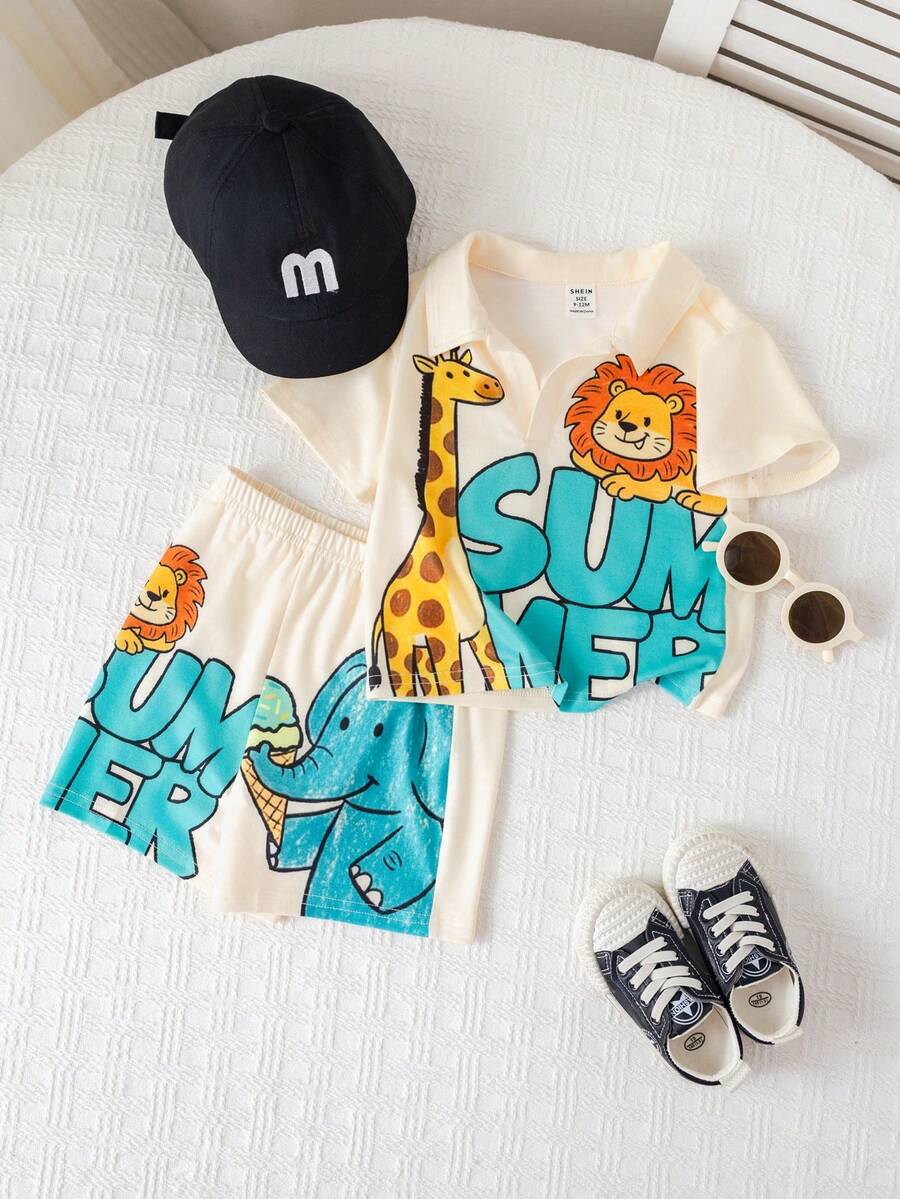 Baby Boy Animal Crayon Print T Shirt and Knitted Shorts 2 Piece Casual Spring Summer Outfit Set