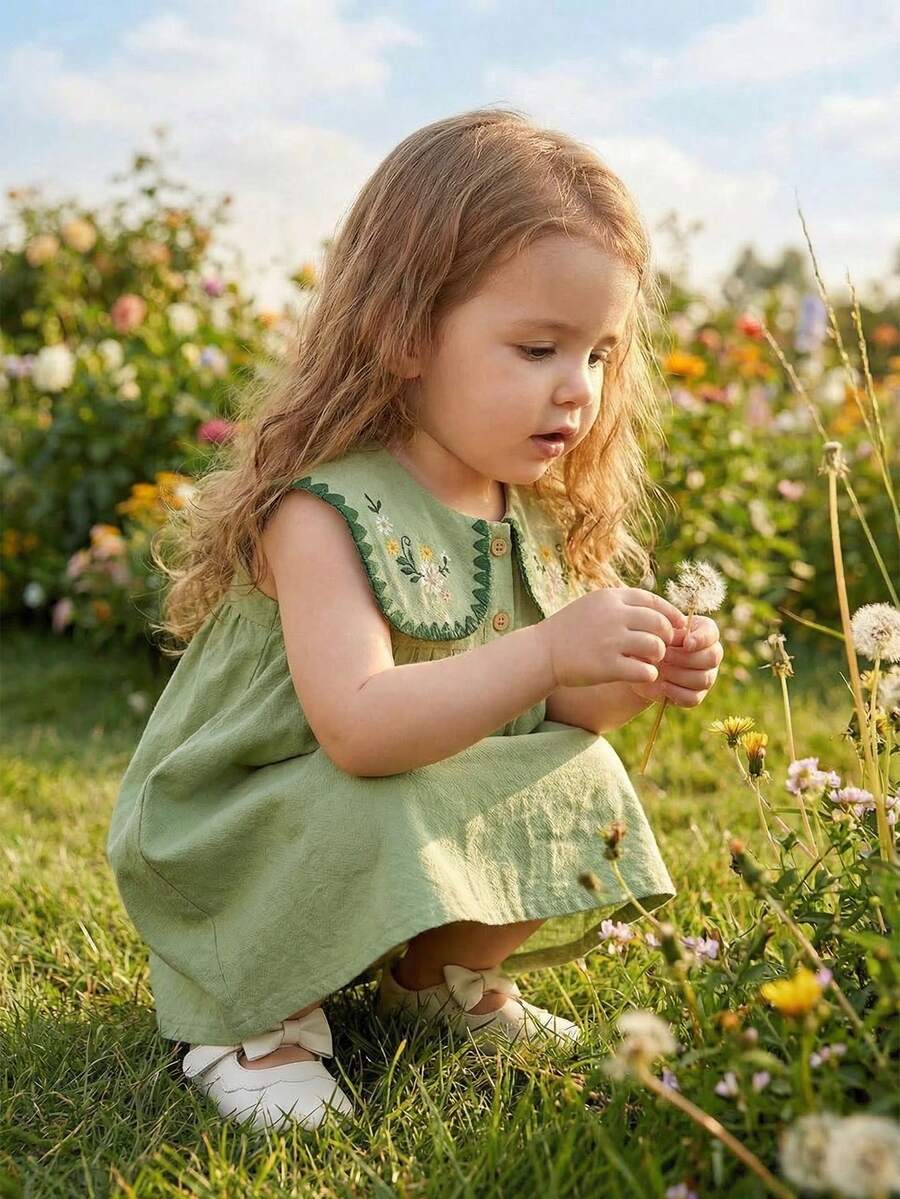 Ruffle Collar Floral Print Sleeveless Dress for Baby Girls