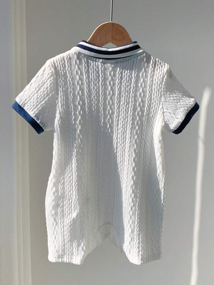 Unisex Newborn Baby Contrast Color Jacquard Polo Collar Half Zip Short Sleeve Jumpsuit Summer Outfit