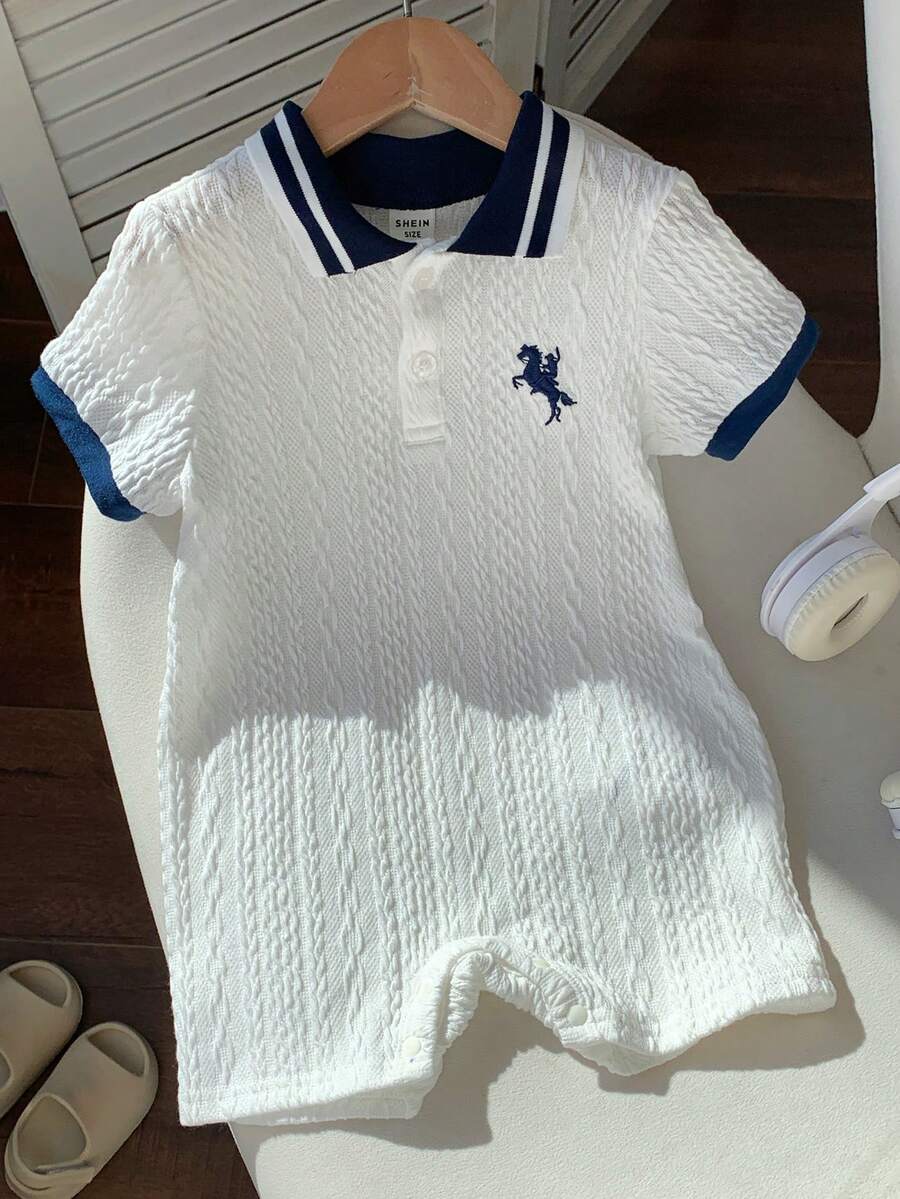 Unisex Newborn Baby Contrast Color Jacquard Polo Collar Half Zip Short Sleeve Jumpsuit Summer Outfit