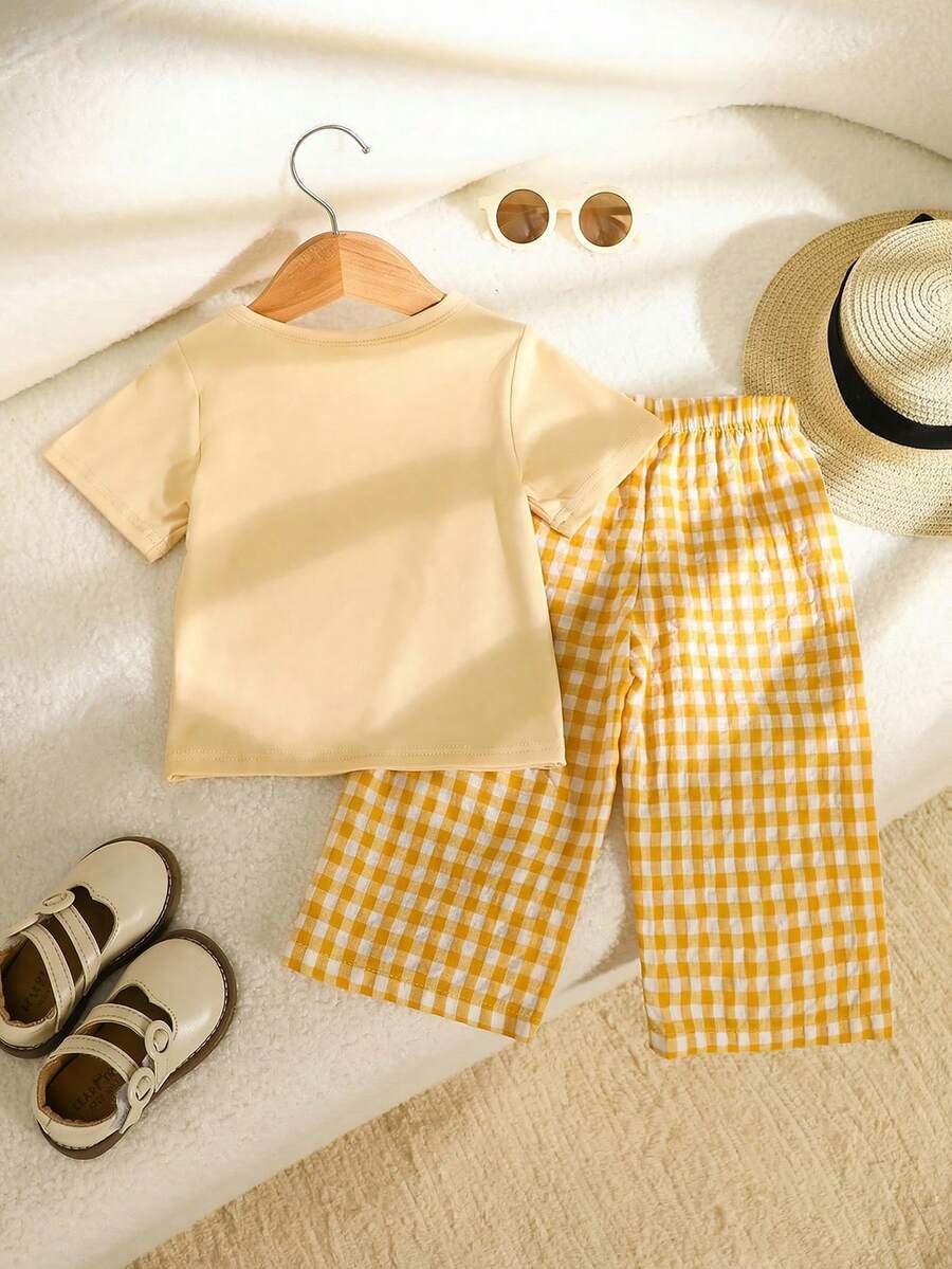 3D Floral T Shirt And Plaid Pants Set For Baby Girls Casual Cute Outfit