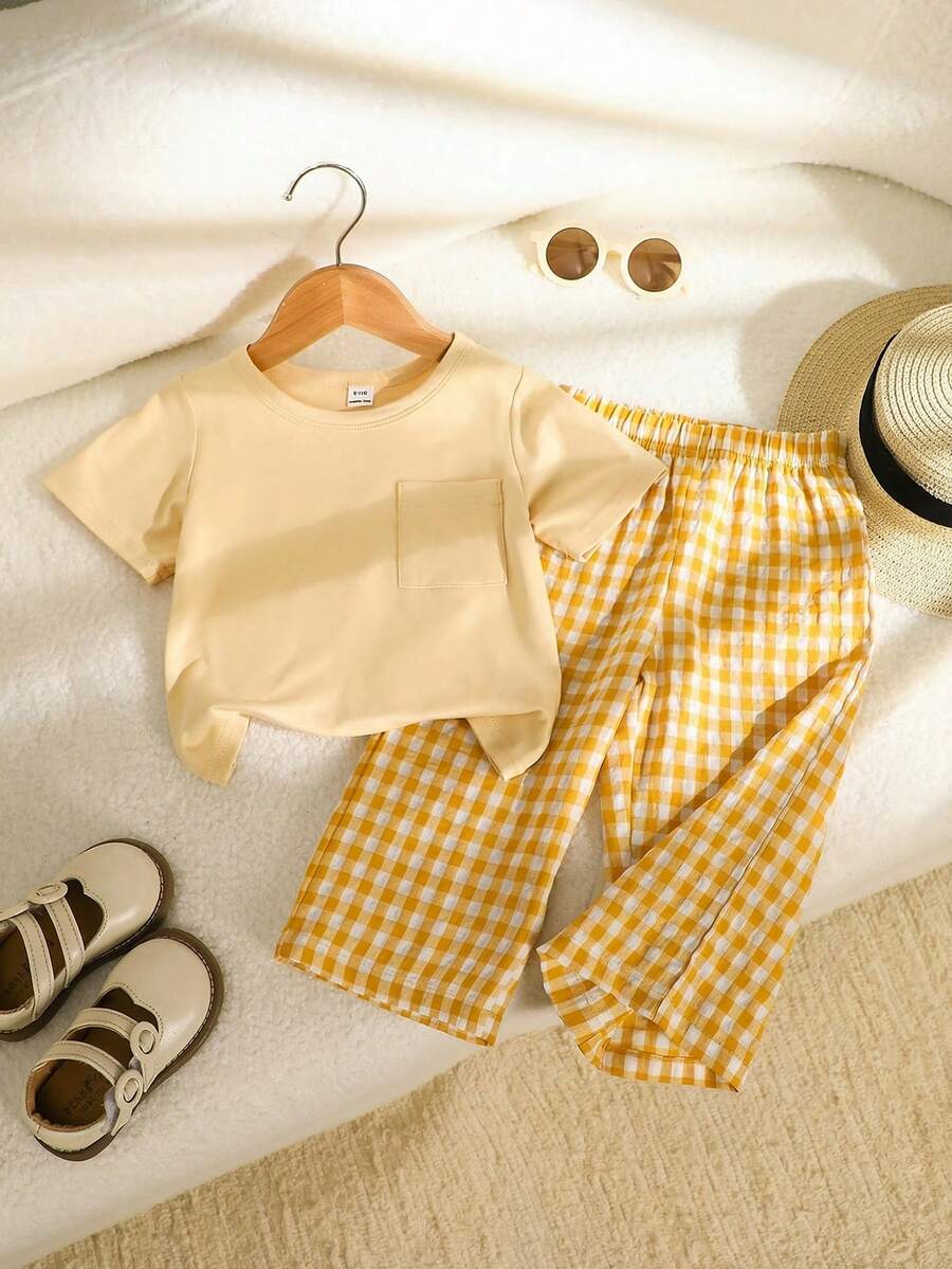 3D Floral T Shirt And Plaid Pants Set For Baby Girls Casual Cute Outfit