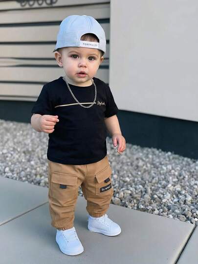 Baby Boy Letter Print T Shirt and Large Pocket Pants 2 Piece Casual Outfit Set for Spring Summer Autumn