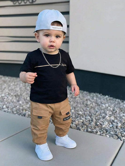 Baby Boy Letter Print T Shirt and Large Pocket Pants 2 Piece Casual Outfit Set for Spring Summer Autumn