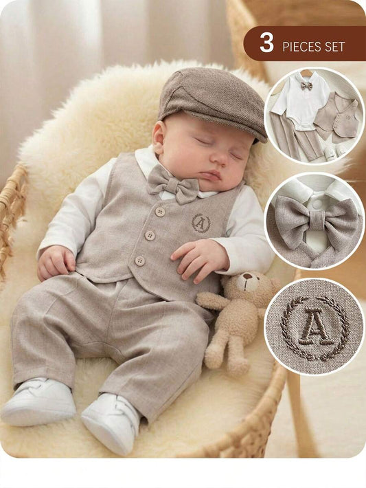 3pcs Baby Boy Preppy Outfit Set With Vest Jacket Bow Tie Romper And Pants