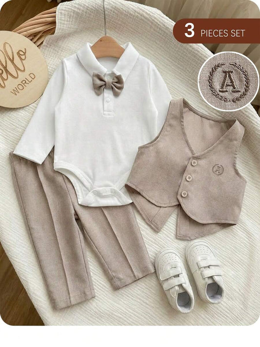 3pcs Baby Boy Preppy Outfit Set With Vest Jacket Bow Tie Romper And Pants