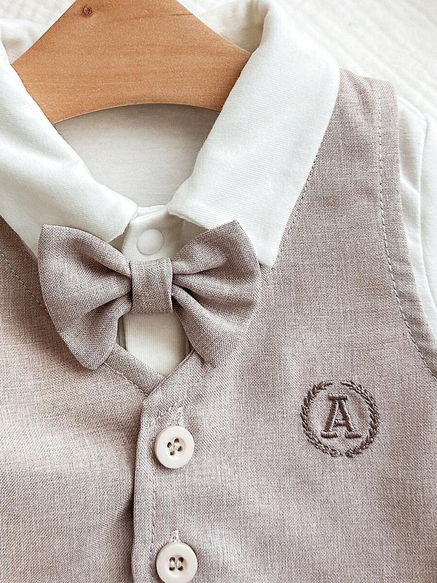 3pcs Baby Boy Preppy Outfit Set With Vest Jacket Bow Tie Romper And Pants