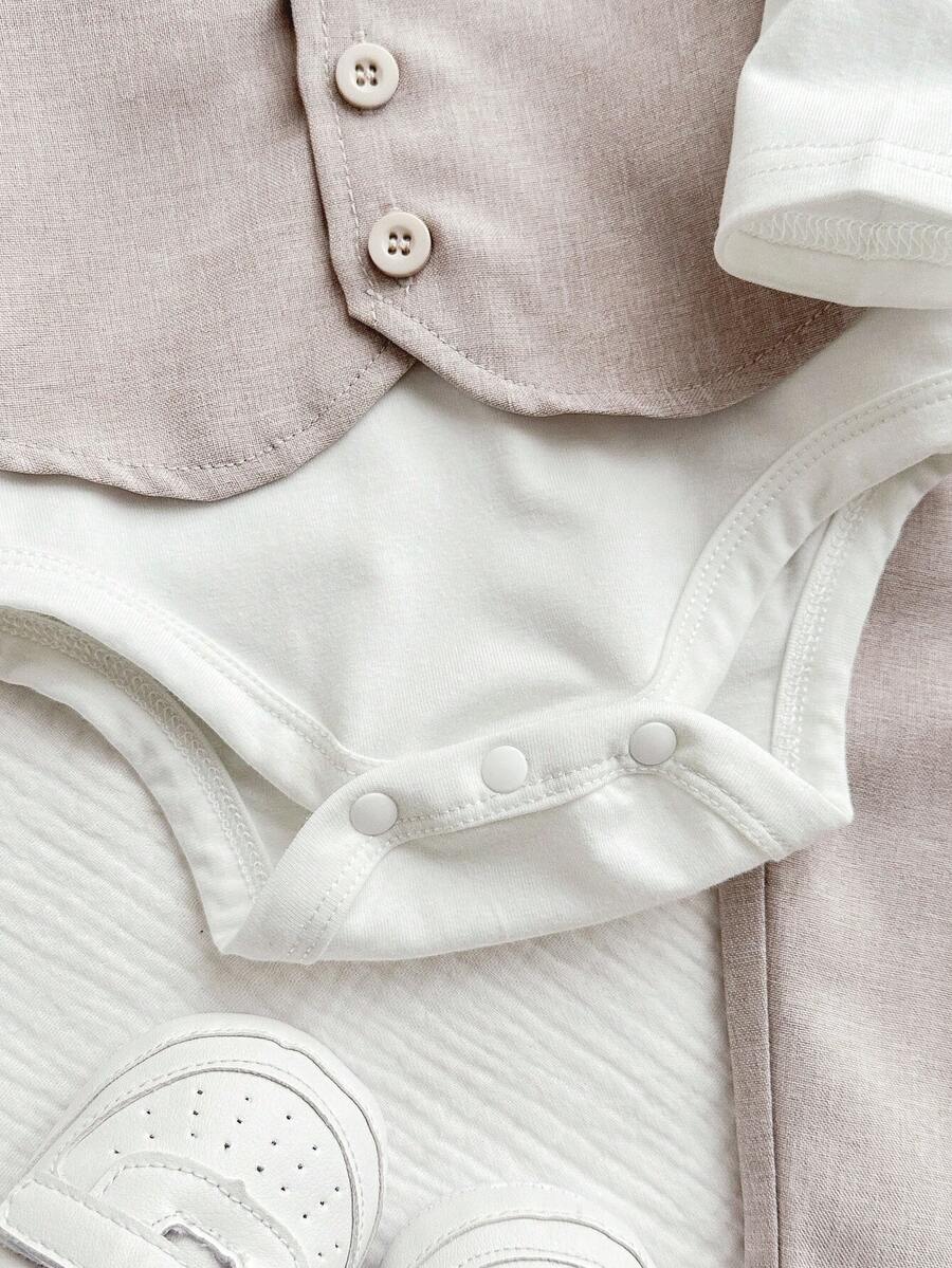 3pcs Baby Boy Preppy Outfit Set With Vest Jacket Bow Tie Romper And Pants